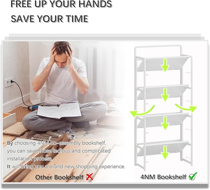 4NM No Assembly Folding Bookshelf, 4-Shelf 54" H Collapsible Foldable Bookcase - Image 7