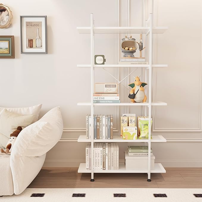 Bookshelf 5 Tiers White Wooden Storage Shelf, Modern Open Display Storage - Image 3