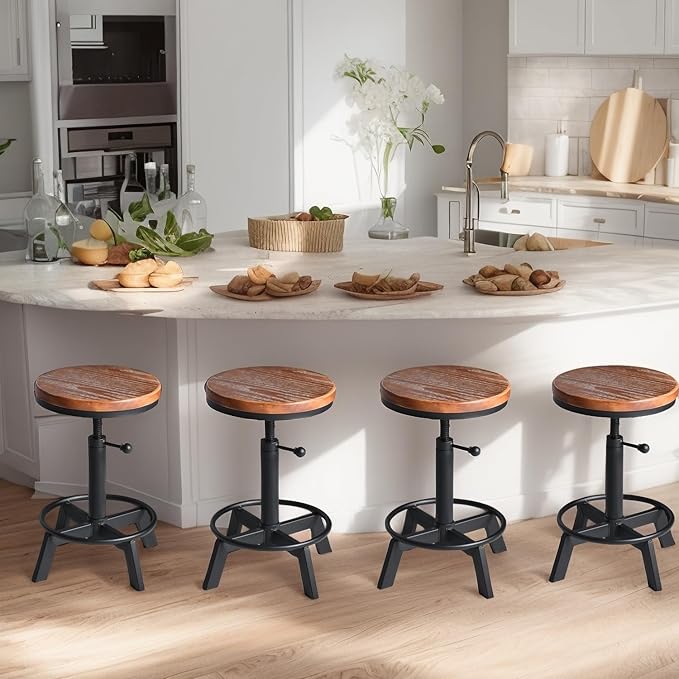 Set of 2-Industrial Bar Stool-Counter Height Chairs- Swivel Wooden Seat- - Image 9
