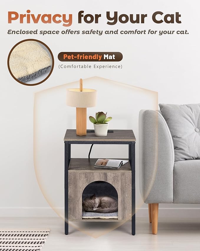 Cat End Table with Charging Station, Indoor Cat House Side Table with Bed - Image 5