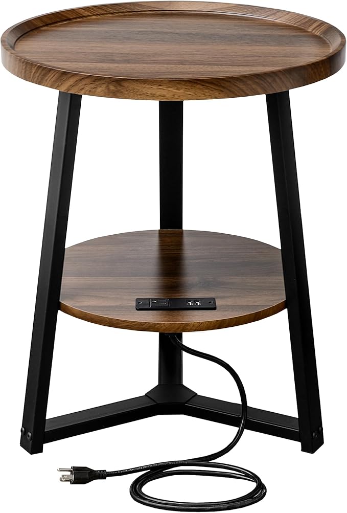 Round End Table with Charging Station, 19.7" Dia x 23.63" H, Side Table with by KJGKKHOME