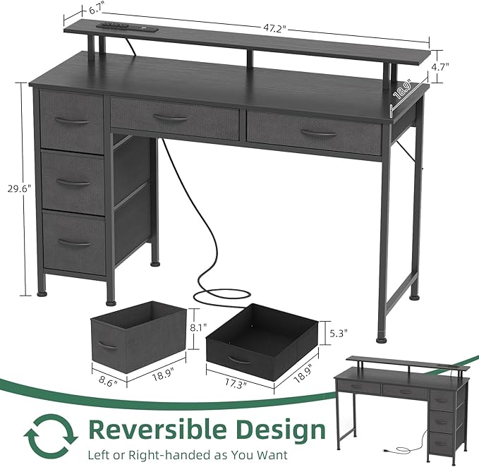 Computer Desk with 5 Drawers, Gaming Desk with LED Lights Power Outlets and - Image 3