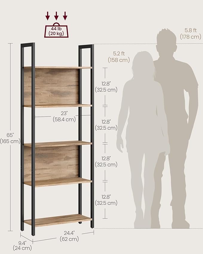 VASAGLE 5-Tier Bookshelf, Book Shelf, Industrial Bookcase, - Image 3