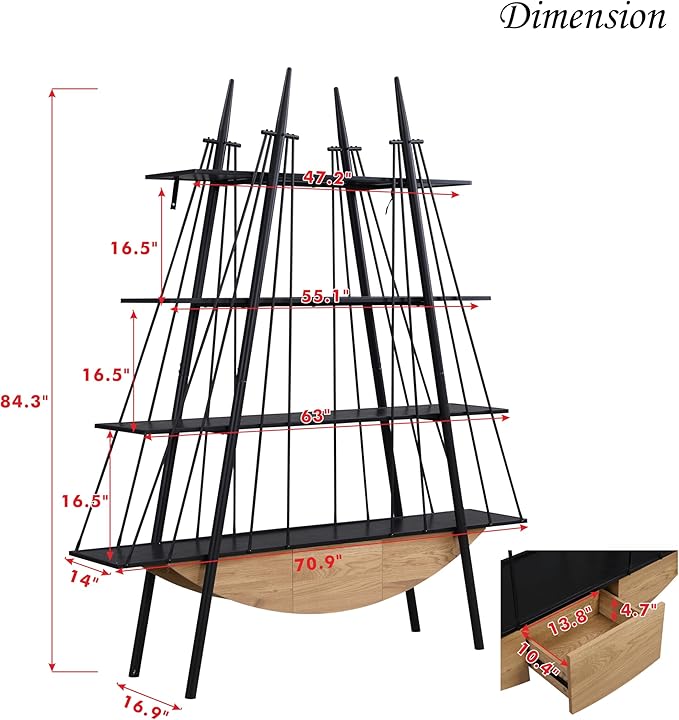 4 Tier Modern Boat-Shaped Bookshelf - Image 3