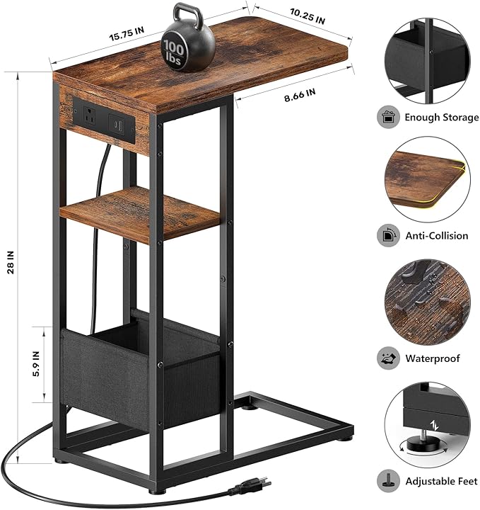 C Shaped End Table with Charging Station, Small Side Table - Image 3