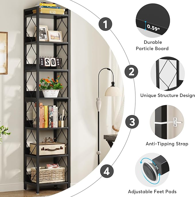 Tribesigns 78.7 Inch Extra Tall Narrow Bookshelf, 7 Tier Skinny Bookcase - Image 6