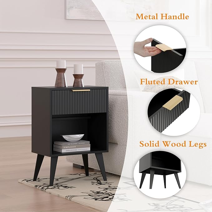 Fluted Night Stand with Opening Storage, Mid Century Bedside Table with Drawer - Image 6
