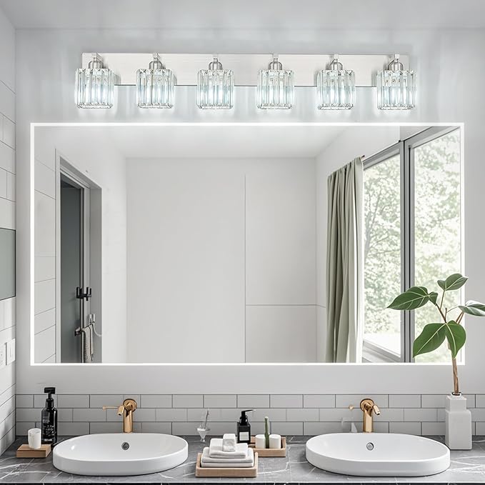 Modern Vanity Light 6-Lights Brushed Nickel Vanity Light Crystal Bathroom Wall - Image 3