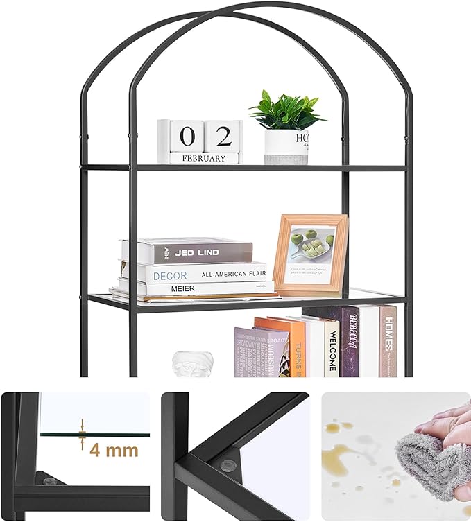 Homhedy Bookshelf Arched Display Racks, Metal Bookcase, Tempered Glass Shelves - Image 5