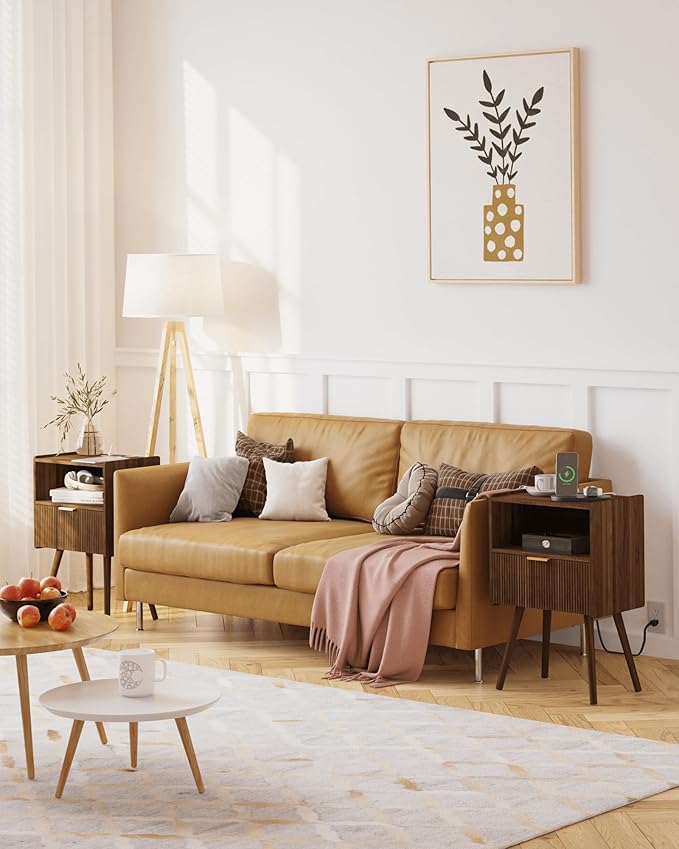 Nightstand with Outlet, Modern Bedside Table with Storage Drawer and Open Wood - Image 6