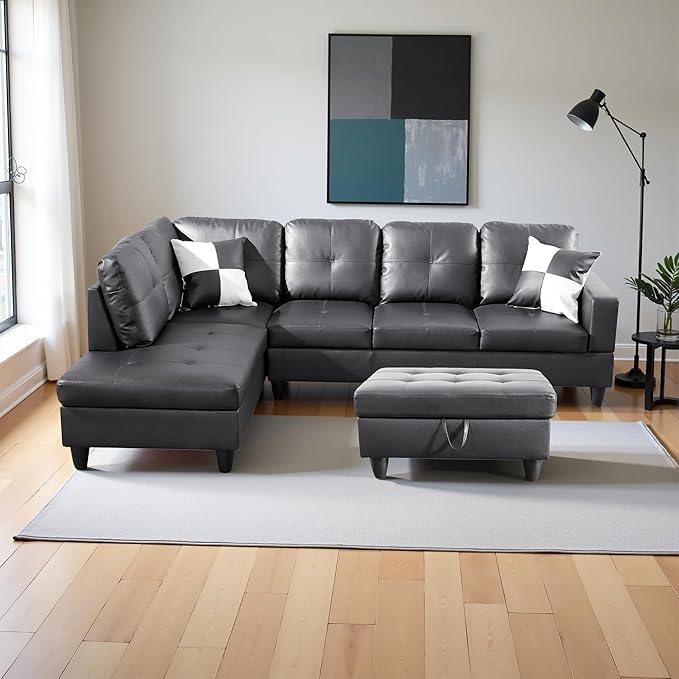 L Shaped Couch Faux Leather Sectional Couch Upholstered 3 Pieces Sofas - Image 5