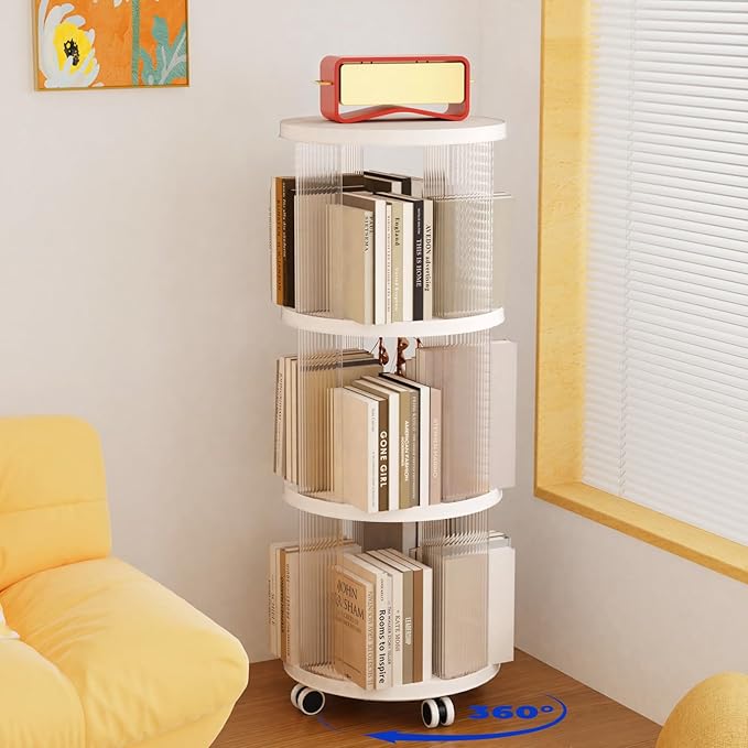 Rotating Bookshelf, 360°Display Spinning Rolling Bookshelf Tower, 3 Tiers by Leafpool