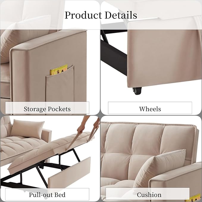 KEIKI Velvet Loveseat Convertible Sofa Bed Sleeper Chair - Image 5