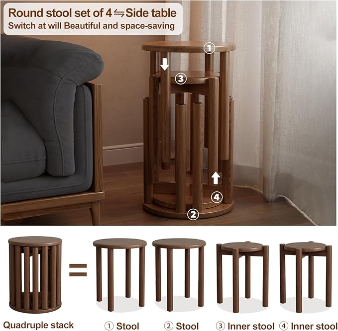 Stackable Stools Set of 4, Wooden Stools 18 Inch Stool Nesting Side Tables - Image 3