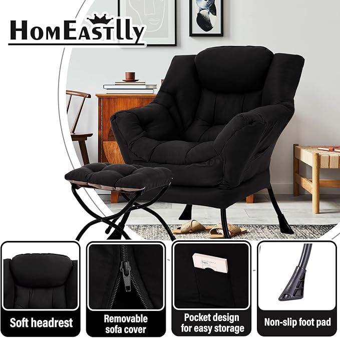 Lazy Chair with Ottoman, Large Modern Lounge Accent Chair with Armrests and - Image 7