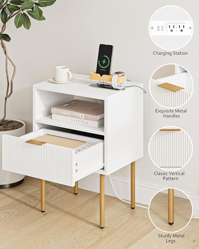 Masupu Nightstand with Charging Station, Mid-Century Modern Bedside Table with - Image 4