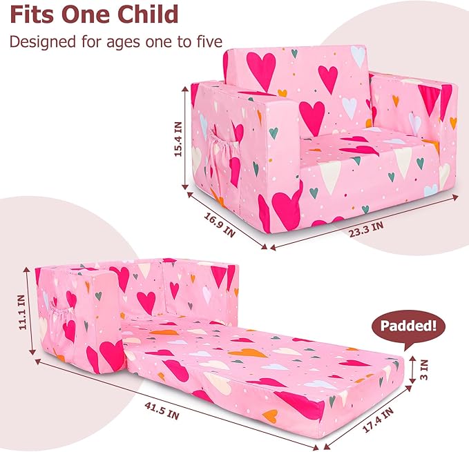 Kids Couch, 2-in-1 Kids Fold Out Sofa, Convertible Toddler Couch to Lounger - Image 2