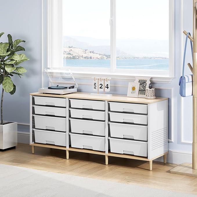 12-Drawer Storage Cabinet with Wooden Tabletop, Versatile Cube Storage - Image 2