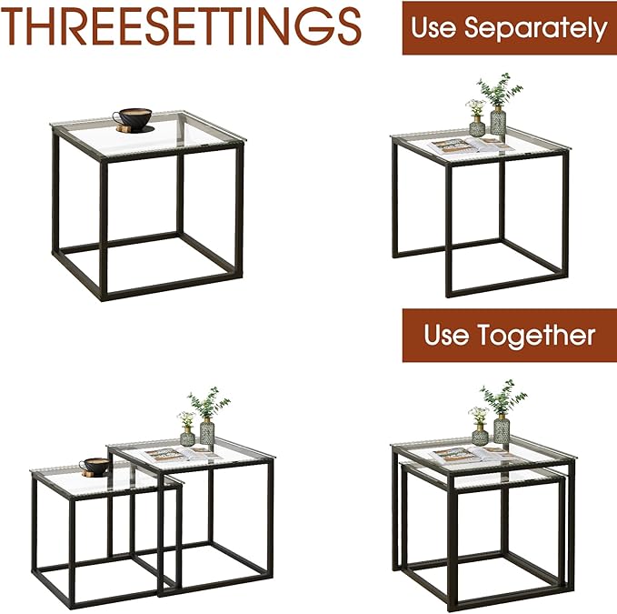 VILAWLENCE Coffee Table Set of 2, Modern Black Glass Side Table, Metal Frame - Image 6