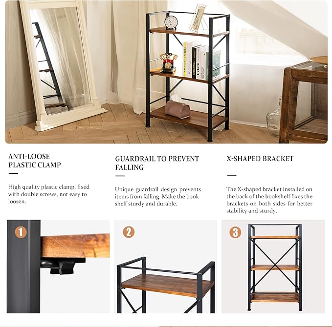 Crofy Rustic Bookshelf, 3 Tier Real Wood Bookshelf, Metal Book Shelf - Image 5