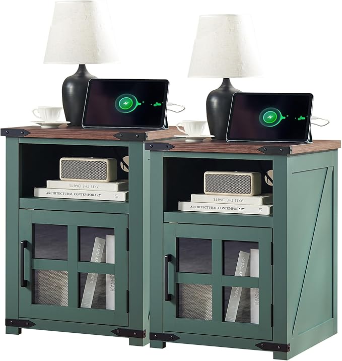 Farmhouse Nightstand with Charging Station, Rustic End Table with Tempered by Barnyatoh