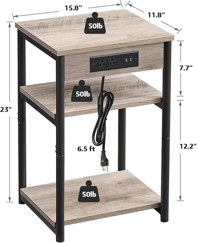 TUTOTAK End Table with Charging Station, Nightstand, 3-Tier Couch Side Table - Image 2