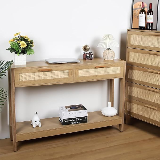 Console Table with Rattan Drawers Boho Entryway Table Narrow Long Sofa Table - Image 7