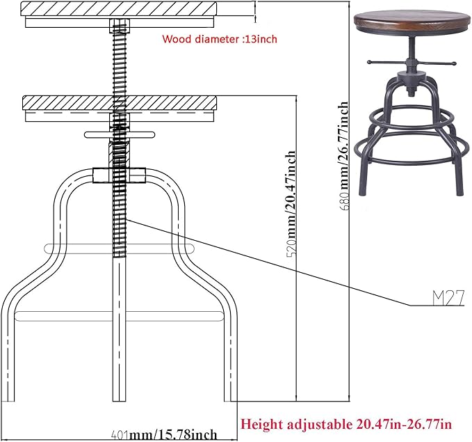 Diwhy Industrial Vintage Bar Stool, Kitchen Counter Height Adjustable Pipe Stool - Image 3