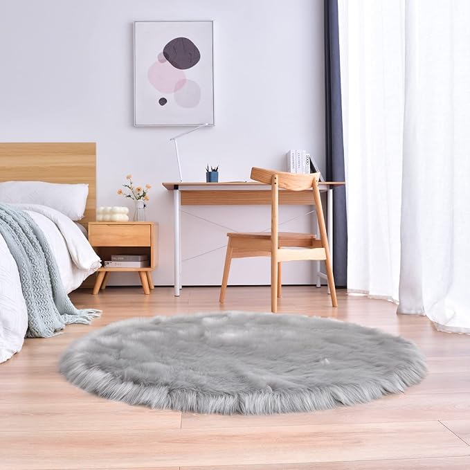 duduta Grey Faux Sheepskin Round Rug 4x4 ft, Fluffy Shag Fur Bedroom Nursery - Image 6
