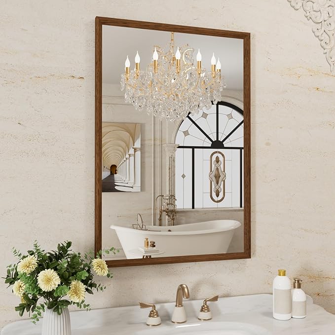 WEER Walnut Bathroom Mirror 24x36 Inch, Walnut Wood Grain Framed Mirror by WEER