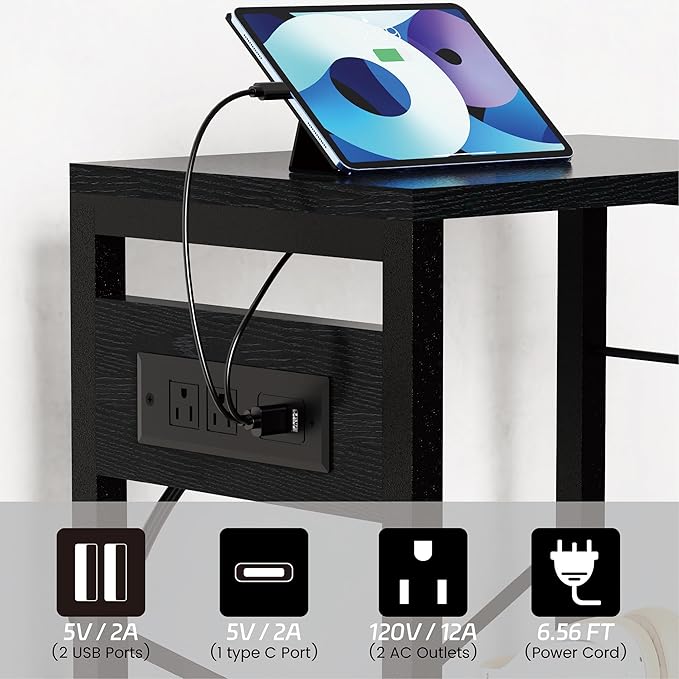 End Table with LED Light, Record Player Stand with Charging Station, Vinyl - Image 5