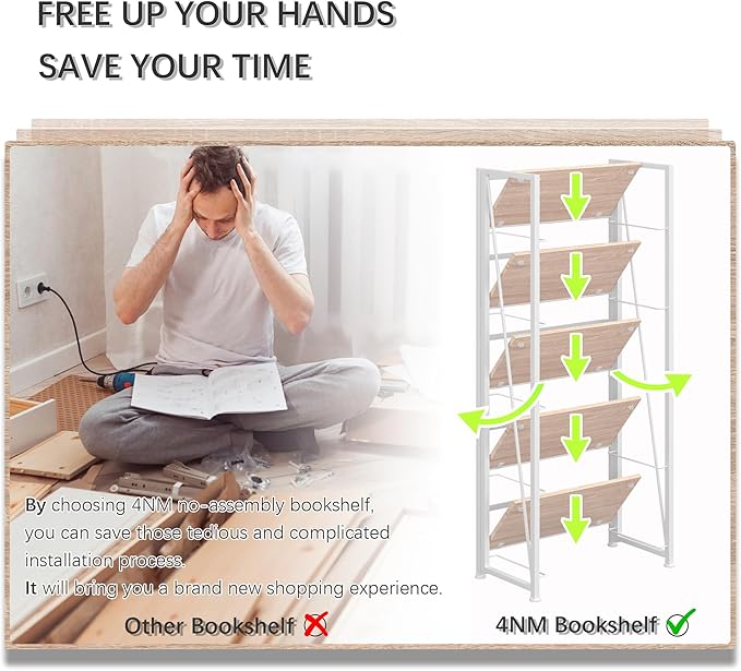 4NM No Assembly Folding Bookshelf, 5-Shelf 62.2" H Collapsible Foldable - Image 7