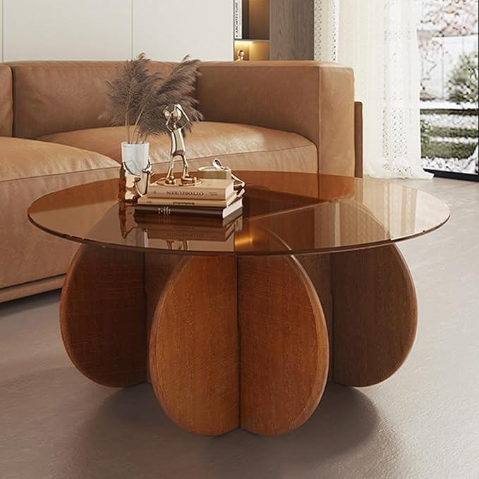 Modern Round Coffee Table with Solid Wood Legs, 31.5'' Glass Coffee Tables by dnziqi