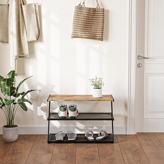 Z-Frame Shoe Rack with Wooden Top & Metal Mesh Shelves - Image 4
