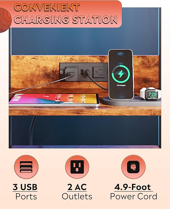 WLIVE Nightstand Set of 2 with Charging Station, LED Night Stand Sets with 2 - Image 5