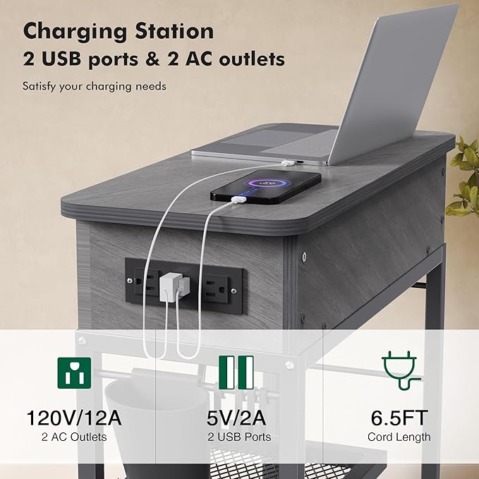 Colima Lift Top End Table with Charging Station and Wheels, Sofa Side Table - Image 5