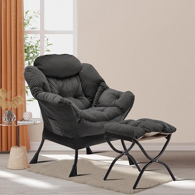 Lazy Chair with Folding Ottoman, Accent Chair Velvet Upholstered with Metal - Image 2