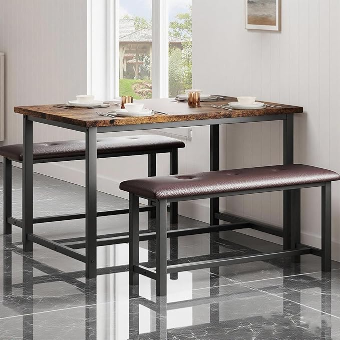 Garvee Dining Table with 2 Benches, Kitchen Table with 2 Upholstered Benches by Unknown
