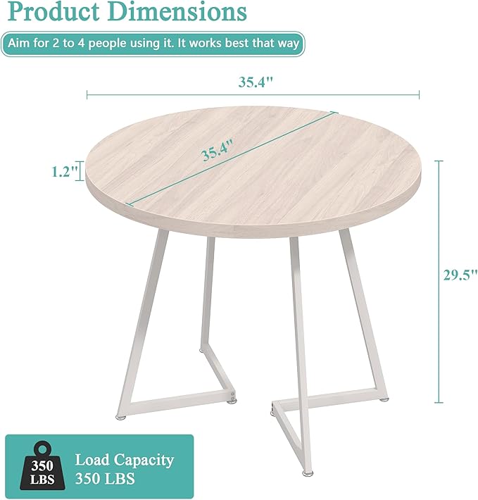 VECELO 35" Round Dining Table for 4, Wood-Grain Tabletop & Heavy-Duty Steel - Image 6