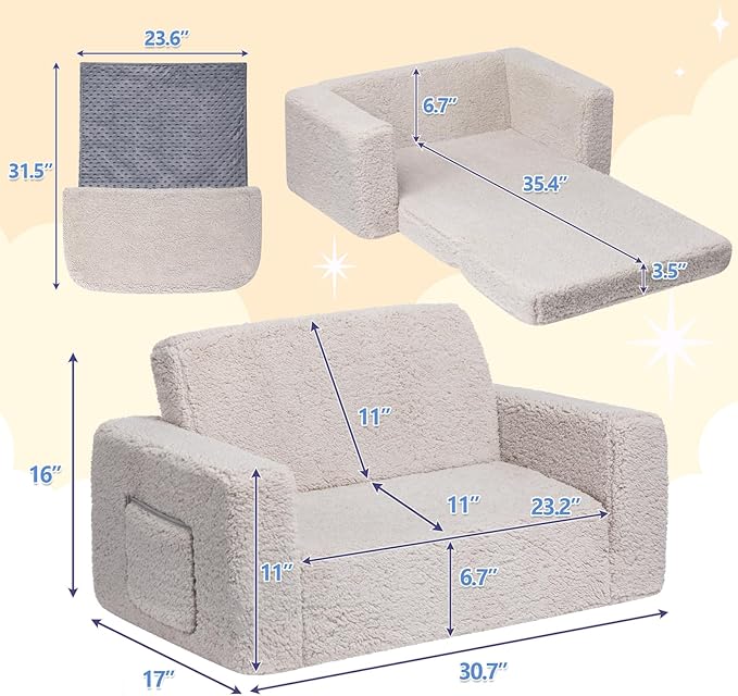 ALIMORDEN Fold Out Toddler Couch, Extra Wide Comfy 2-in-1 Cuddly Sherpa Sofa - Image 3