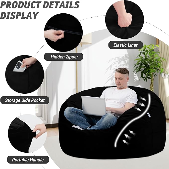 3FT Bean Bag Chair with Ultra Soft Velvet Cover Bean Bag Sofa with Memory Foam - Image 4