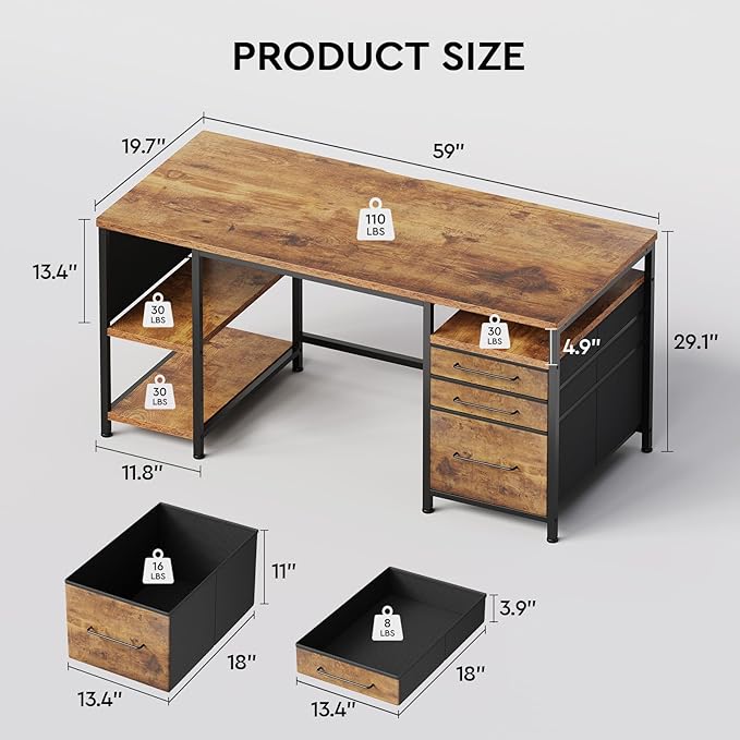 Ｍａｉｈａｉｌ 59" Computer Desk with 3 Fabric Drawers and Wooden Shelves - Image 6
