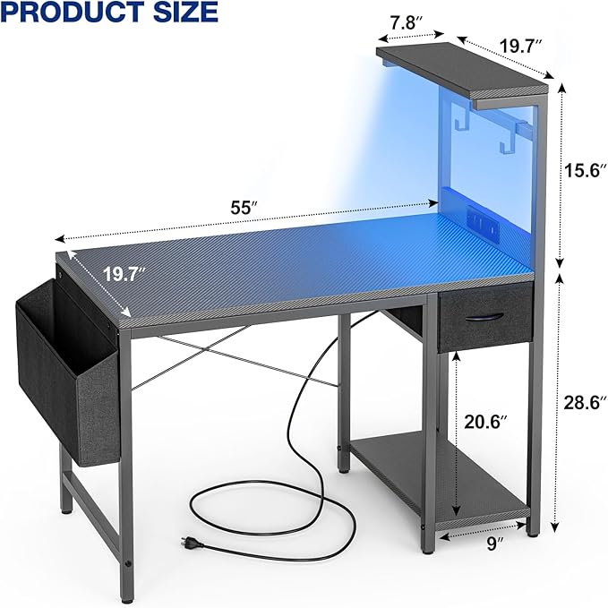 Gaming Desk 55 Inch with Power Outlet and LED Light, Computer Desk with - Image 3
