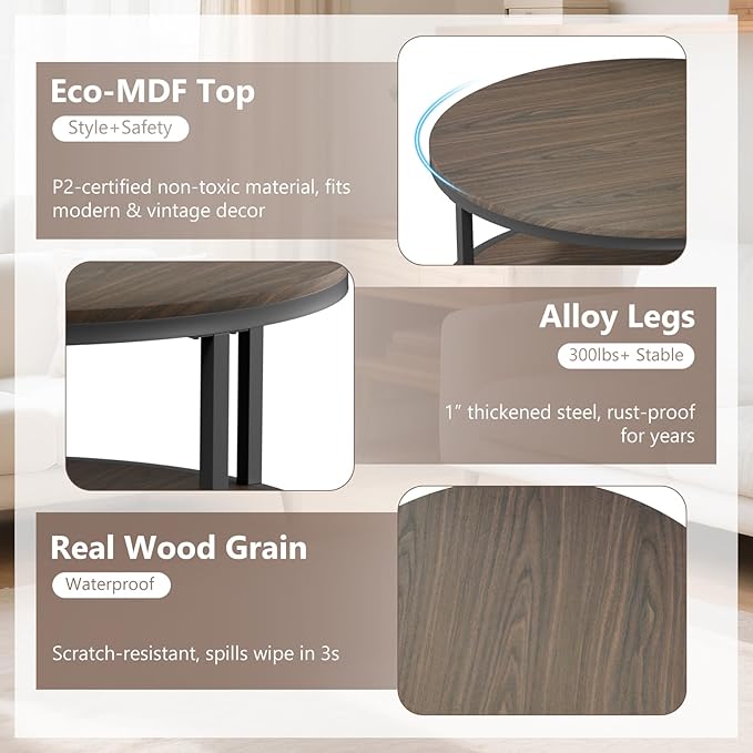 NSdirect 36 inches Round Coffee Table, Rustic Wooden Surface Top & Sturdy Metal - Image 6