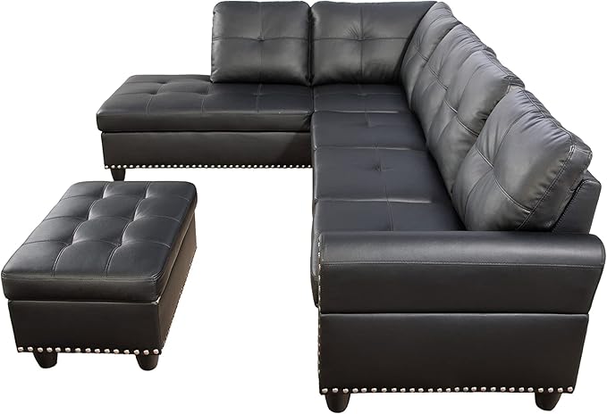 L Shaped Sectional Sofa with Ottoman, Nail-Head Design Leather Right Facing - Image 4