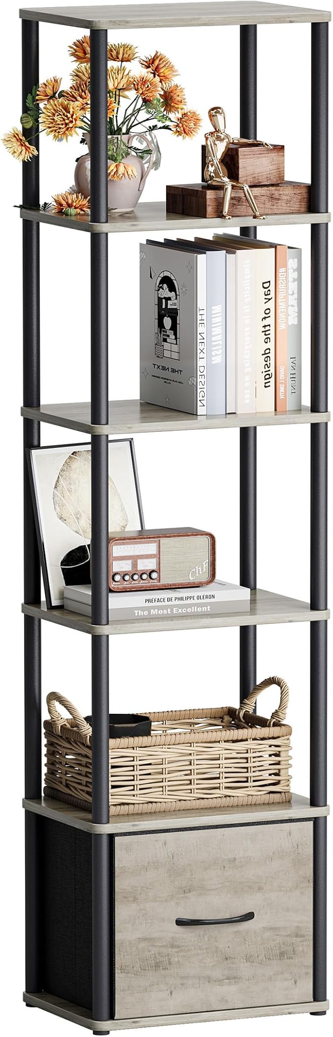 6-Tier Bookshelf with Drawer, Narrow Bookshelves Organizer, Floor Standing by Unknown
