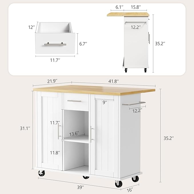 Shintenchi Kitchen Island with Storage, Bar Cart Cabinet Island Table on Wheels - Image 3