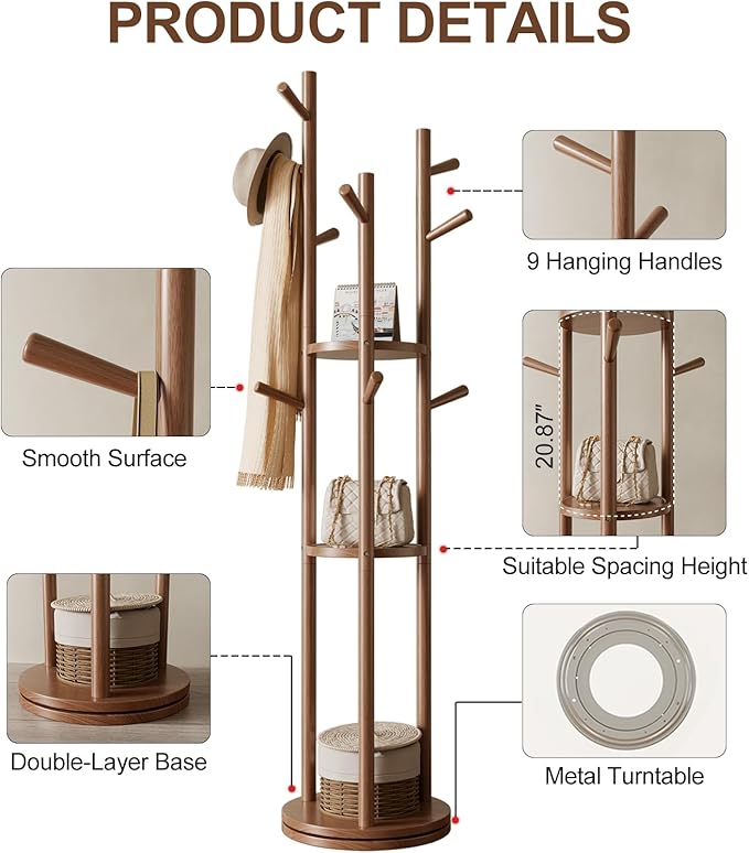 Solid Wood Rotary Coat Rack, Freestanding Coat Rack - Image 5