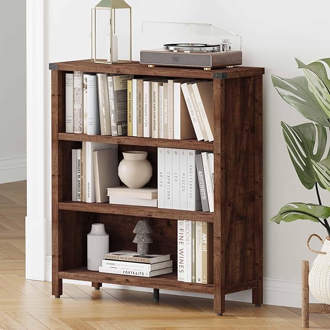 BON AUGURE Rustic Short Bookshelf, 3 Shelf Bookcase, Small Wood Low Book - Image 9