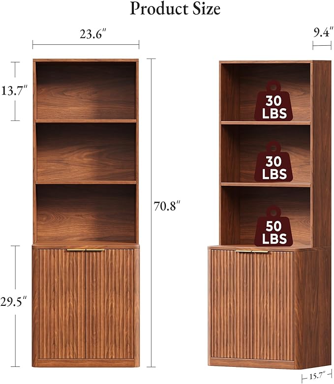 71" Walnut Bookcase with Doors, 5 Tier Fluted Tall Bookshelf with Storage - Image 2